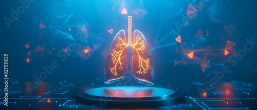 A blank podium showcasing a 3D model of human lungs with glowing veins and inflamed areas The podium is set against a smoky photo