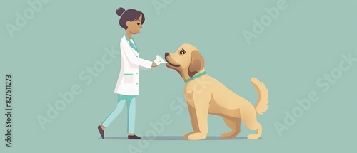 Veterinarian administering CBD oil to a dog flat design top view pet care cartoon drawing colored pastel