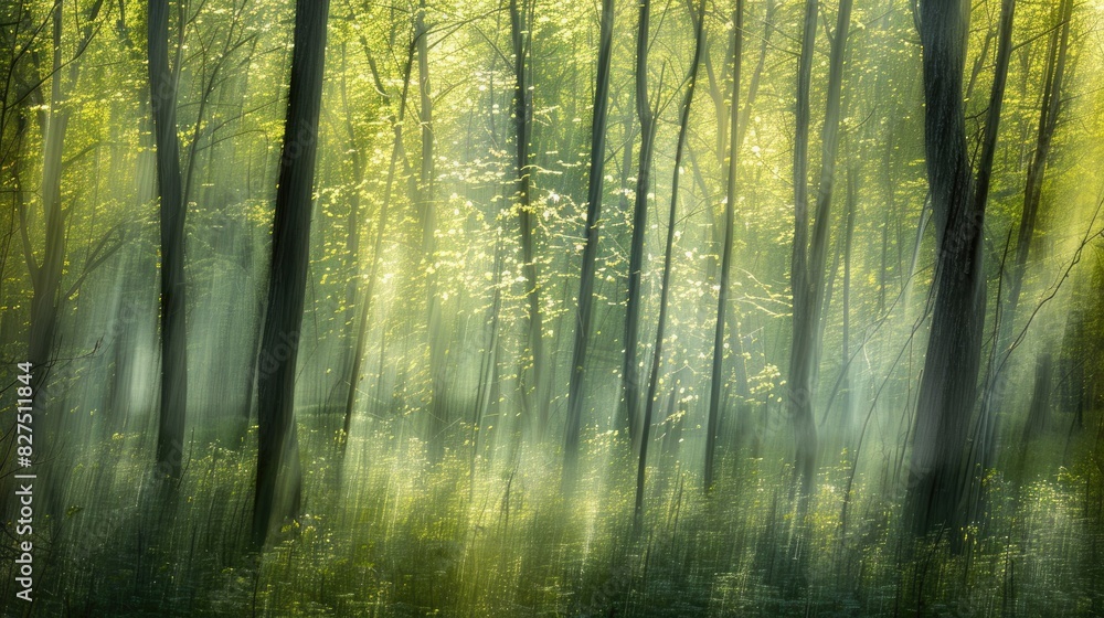 Obraz premium The image freezes the energetic green shades of new growth in the woodland