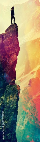 Man mountain climbing in rugged terrain close up, focus on, copy space vibrant colors Double exposure silhouette with rocky landscapes