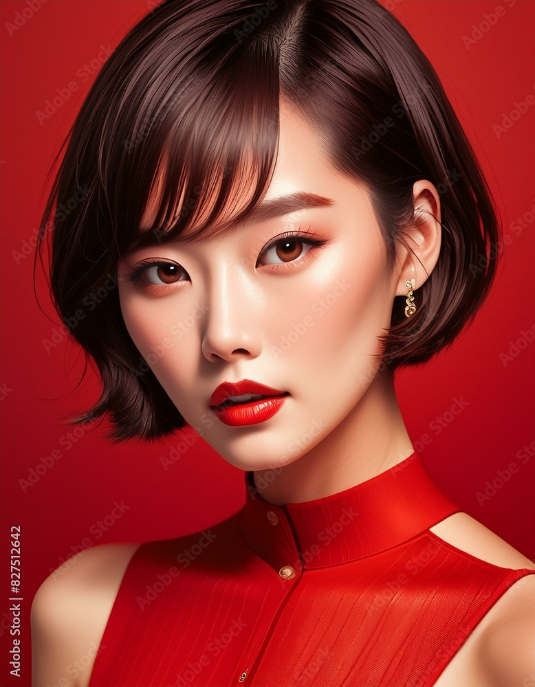 studio portrait of a brunette model with short hair wearing a red dress on red background studio portrait of a brunette model with short hair wearing a red dress on red background