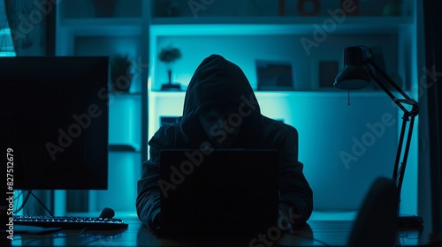 A man sitting in front of a computer screen at night, illuminated by the soft glow.