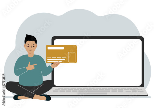 A man sits cross-legged and holds a large plastic card. Next to the man is a large laptop with space for text. Vector flat illustration