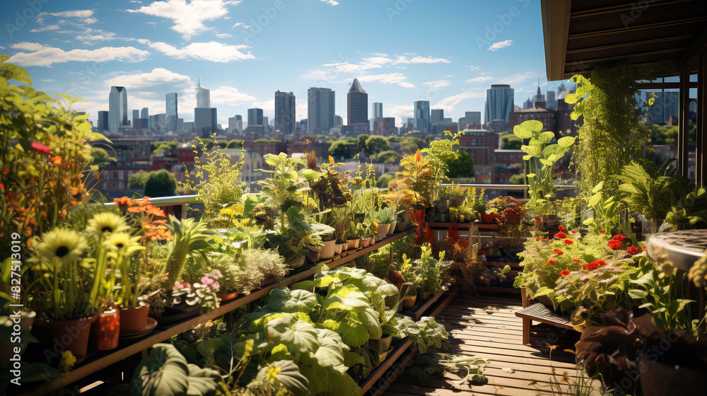 Fototapeta premium Urban Agriculture Rooftop Garden with a variety of potted plants.