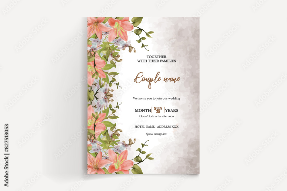 WEDDING INVITATION FRAME WITH FLOWER DECORATIONS AND FRESH LEAVES WEDDING INVITATION FRAME WITH FLOWER DECORATIONS AND FRESH LEAVES