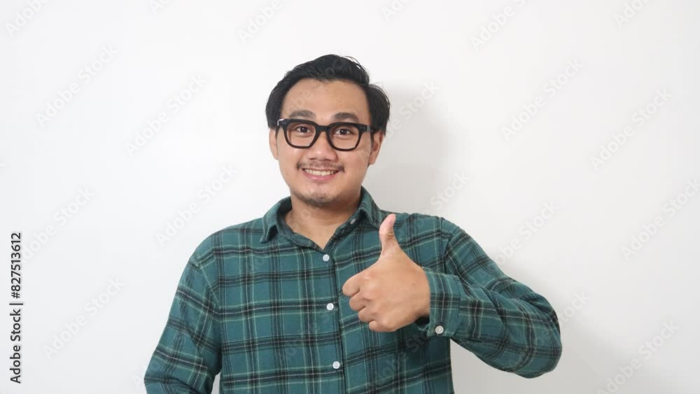 A man from Indonesia, wearing a green shirt and sunglasses, appears to be in agreement as he raises his thumb up. Isolated on a white background. A man from Indonesia, wearing a green shirt and sunglasses, appears to be in agreement as he raises his thumb up. Isolated on a white background.
