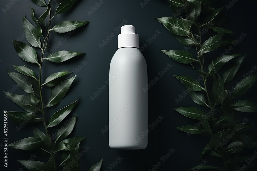 a mockup of a floating frosted white matte bottle. the background is a lucury dark emerald color. it consists of leaves. luxury, elegat, minimal, product photography. studio light a mockup of a floating frosted white matte bottle. the background is a lucury dark emerald color. it consists of leaves. luxury, elegat, minimal, product photography. studio light
