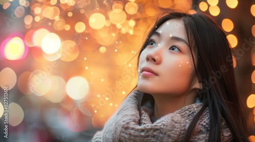 Dreamy young woman on bokeh defocused background