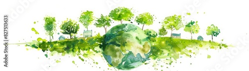 A cute watercolor clipart of a small, floating spherical world covered in lush green forests, trees, and small buildings, set against a plain white background