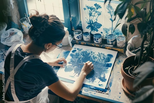 abstract floral cyanotype print artwork in artists studio traditional printmaking process illustration photo