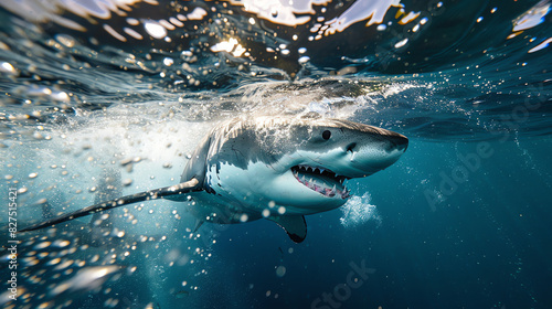 A great white shark is swimming towards the camera with its mouth wide open, exposing rows of sharp teeth photo