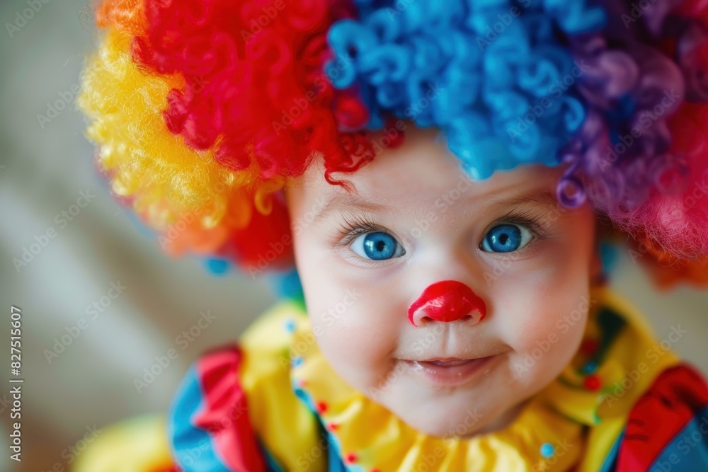 Closeup of a cute baby dressed in a clown costume with a vibrant wig and red nose Closeup of a cute baby dressed in a clown costume with a vibrant wig and red nose