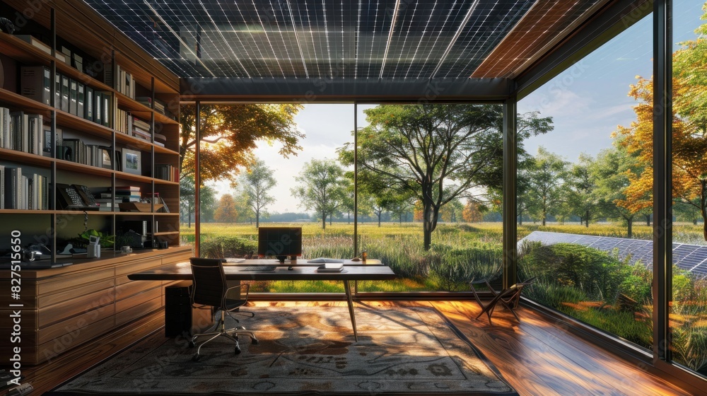 A home office with a panoramic view of a solar panel farm --ar 16:9 --seed 56153932 --stylize 250 Job ID: 52e97321-3b0e-4bcd-b9f6-afd5b475c8d9