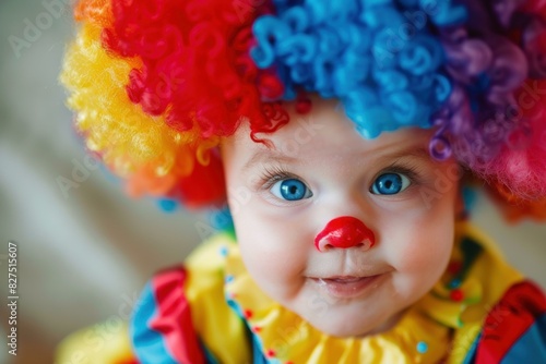 Closeup of a cute baby dressed in a clown costume with a vibrant wig and red nose