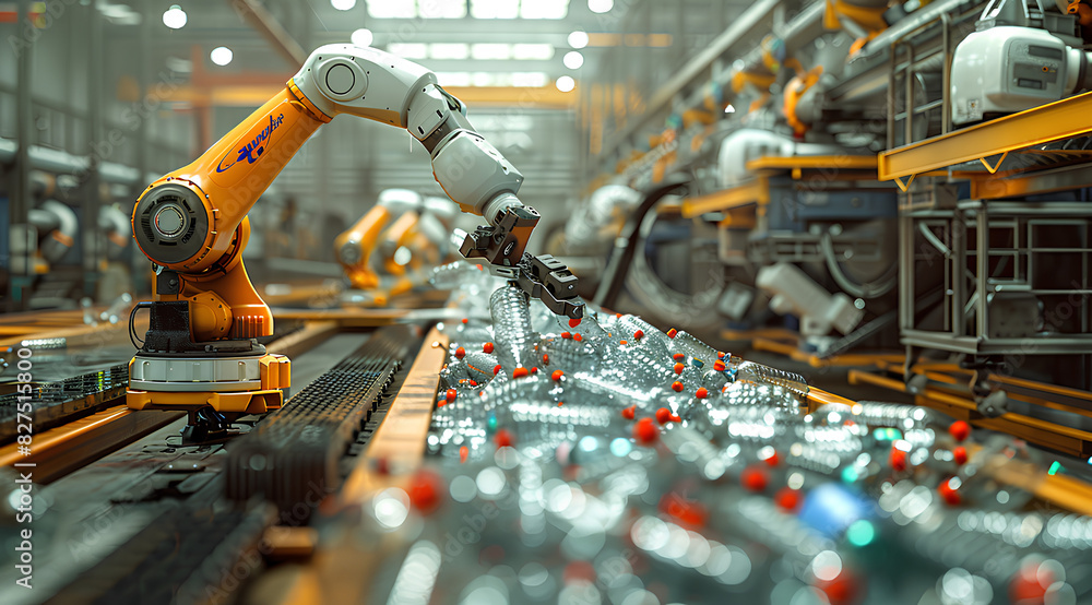 A robotic arm is picking up plastic bottles from the floor of an industrial plant, surrounded by other robots and machines working on different stages in the recycling process A robotic arm is picking up plastic bottles from the floor of an industrial plant, surrounded by other robots and machines working on different stages in the recycling process