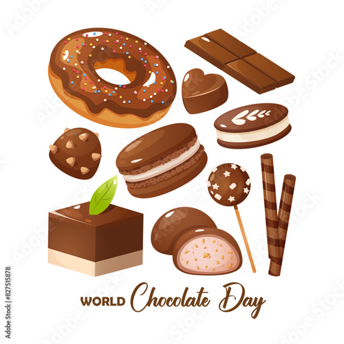 Collection of chocolate dessert includes macarons,mochi,cookies,lollipops,cakes, etc. for World Chocolate Day.
