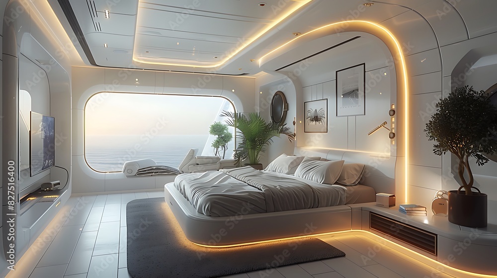 A hyper-realistic high-tech modern bedroom, minimalist aesthetics ...