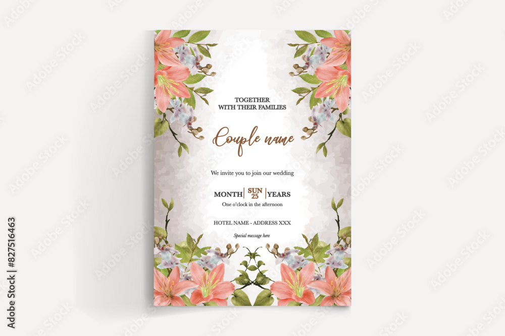 Obraz premium WEDDING INVITATION FRAME WITH FLOWER DECORATIONS AND FRESH LEAVES