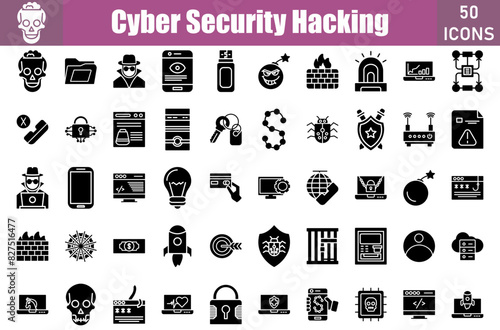 Set of 50 Cyber Security Hacking Glyph icons set. Workshop outline icons with editable stroke collection. Include Spy, Spyware, Usb, Bomb, Siren, Data, Sever Connection, Rejected Call Blocked, Cyber photo