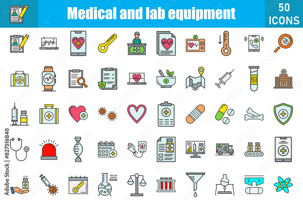 Set of 50 Medical and Lab Equipment line filled icons set. Workshop outline icons with editable stroke collection. Include Case, Case Stusies, Bacteria, Blood Donation, Blood Test, Medical Test, Broke Set of 50 Medical and Lab Equipment line filled icons set. Workshop outline icons with editable stroke collection. Include Case, Case Stusies, Bacteria, Blood Donation, Blood Test, Medical Test, Broke