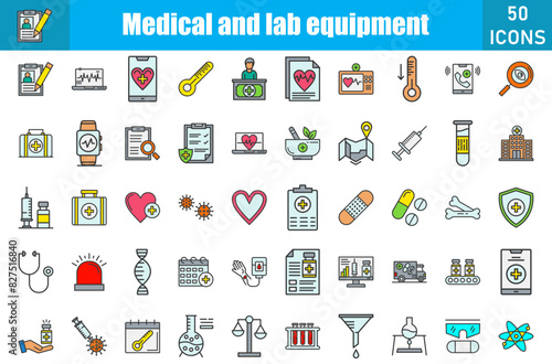 Set of 50 Medical and Lab Equipment line filled icons set. Workshop outline icons with editable stroke collection. Include Case, Case Stusies, Bacteria, Blood Donation, Blood Test, Medical Test, Broke
