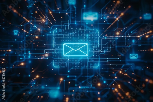 A top view of a glowing email icon in the center