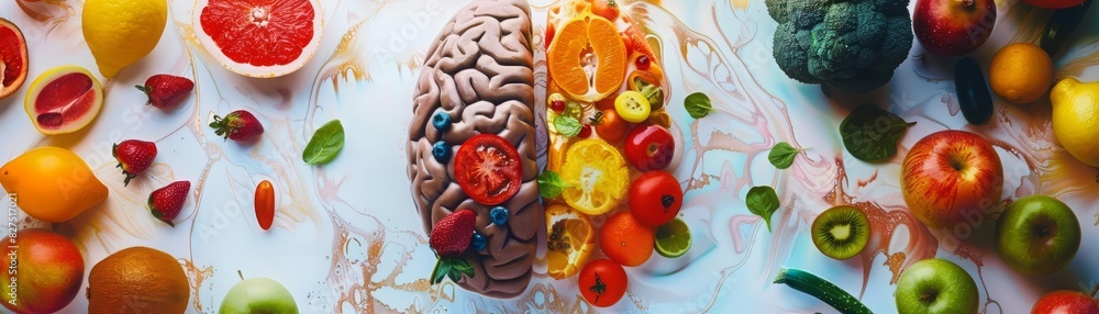 A top view of a human brain, Eating concept with fruits and vegetables, Healthy food A top view of a human brain, Eating concept with fruits and vegetables, Healthy food