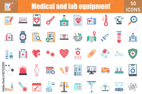 Set of 50 Medical and Lab Equipment flat icons set. Workshop outline icons with editable stroke collection. Include Case, Case Stusies, Bacteria, Blood Donation, Blood Test, Medical Test, Broken Bone