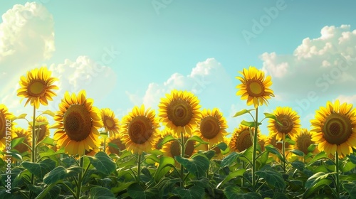 An expansive sunflower field with rows of tall sunflowers all facing the sun, their green leaves and yellow blooms contrasting beautifully against the azure sky, evoking a sense of growth and