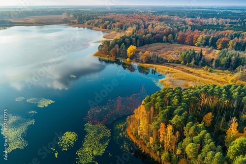 aerial autumn view of rajgrodzkie lake in poland colorful landscape photography