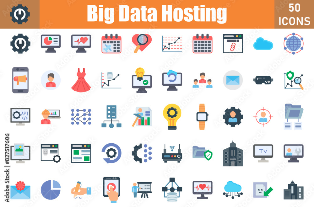 Set of 50 Big Data Hosting flat icons set. Workshop outline icons with editable stroke collection. Include Setting, Pie Chart, Heartbeat monitoring, Schedule, Investigate, Graph, Url, Cloud, Service