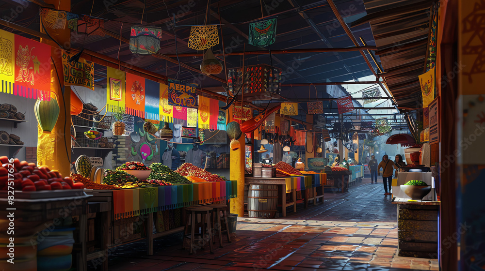 A watercolor painting of a busy marketplace with people walking around and colorful umbrellas overhead