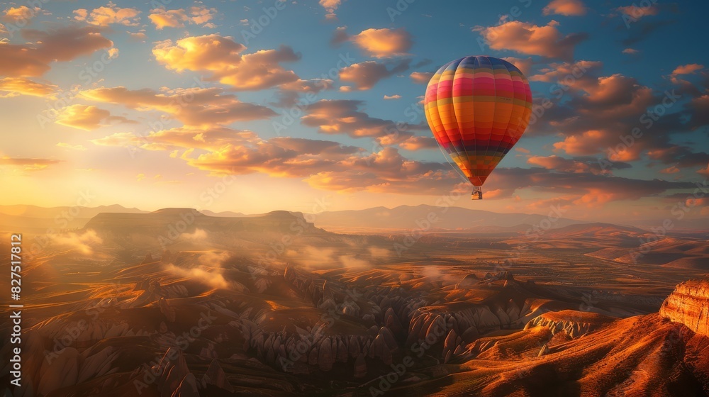 Obraz premium Hot air balloon rises very high in blue sky above white clouds, bright sun shines. A group of hot air balloons flying over a canyon. High quality photo