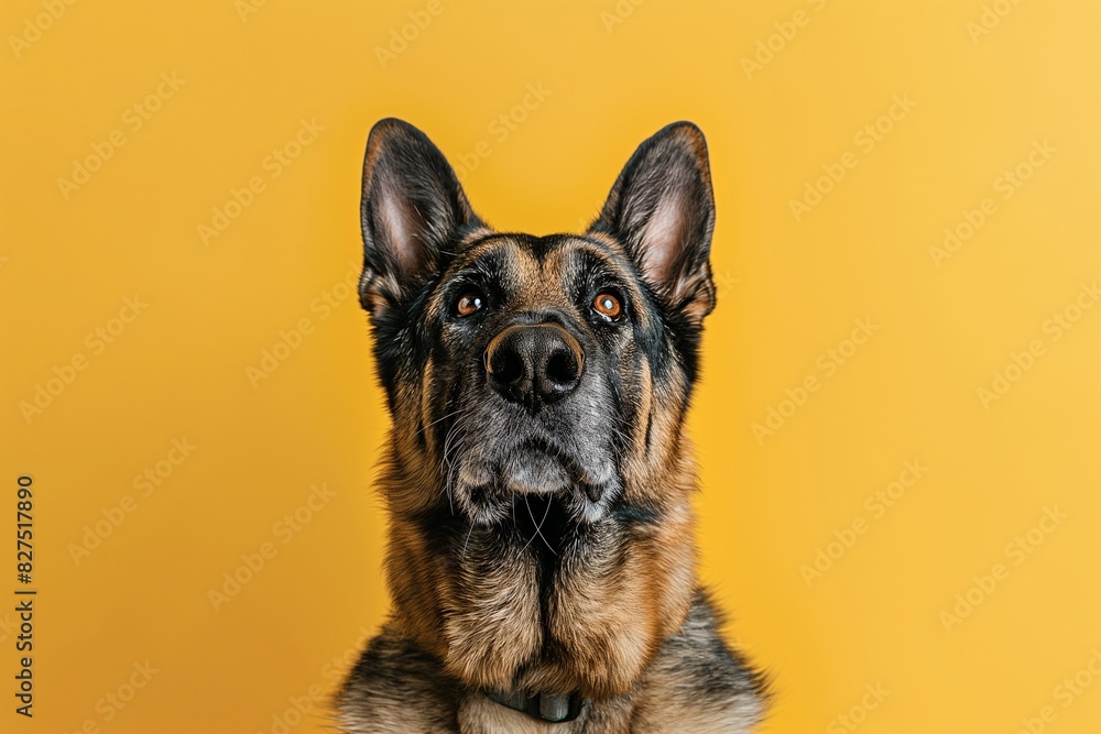 Obraz premium In a studio photo, a friendly German shepherd dog is captured pulling a funny face, radiating charm and playfulness. This portrait perfectly captures the lovable and humorous nature of the dog. 