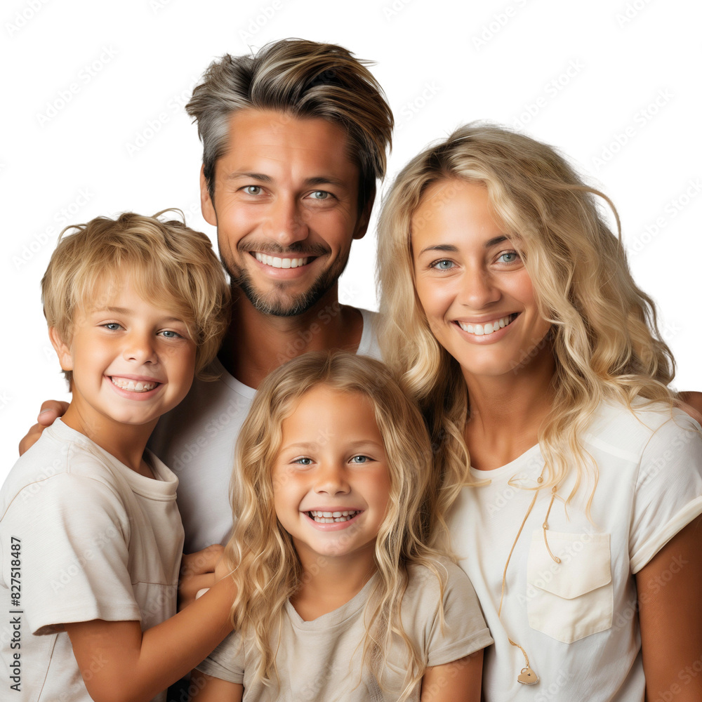 Portrait of happy family smiling together, father and mother hugging their son and daughter full of love and care, isolated on transparent background Portrait of happy family smiling together, father and mother hugging their son and daughter full of love and care, isolated on transparent background
