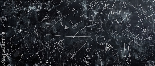 Blackboard filled with complex mathematical formulas and diagrams, representing science, education, and intellectual brainstorming.