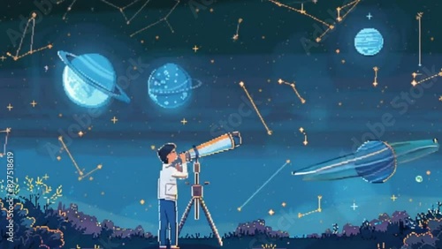 An animation showing an astronomer using a telescope to observe the night sky, with detailed pixel art of constellations, photo