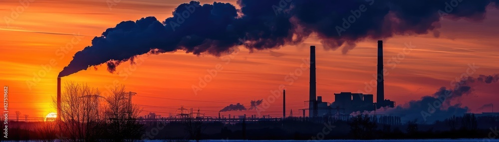 Industrial factory emitting smoke at sunset, highlighting environmental pollution and beautiful vibrant sky in the background.
