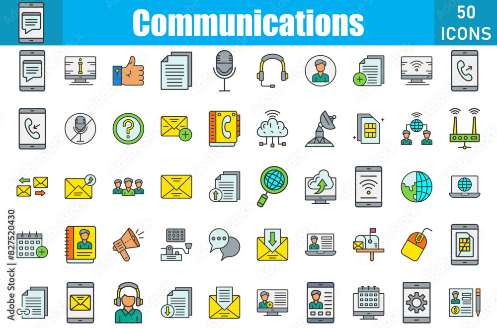 Set of 50 Communications line filled icons set. Workshop outline icons with editable stroke collection. Include Chat,Help, Email, Bubblle Chat, Add Friend, Call, Send, Forward, Mail Forward, About