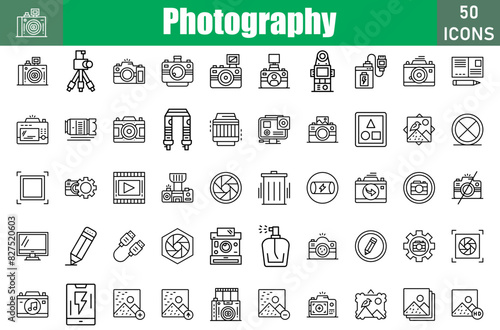 Set of 50 Photography line icons set. Workshop outline icons with editable stroke collection. Include Compact Camera, Dslr Camera, Top View, Instant Camera, Film Camera, Led Light photo