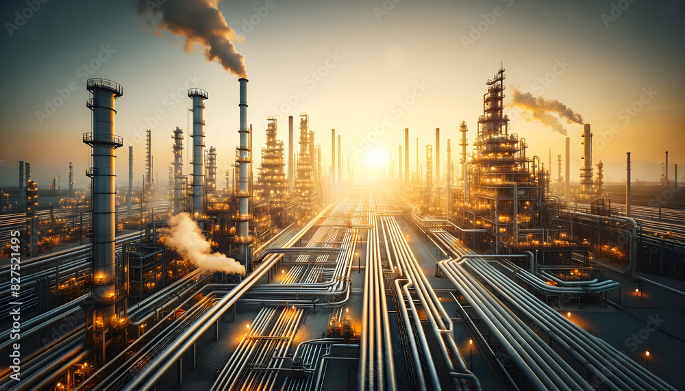 a worker in a hard hat and reflective jacket standing on a hill overlooking an industrial refinery at sunset. a worker in a hard hat and reflective jacket standing on a hill overlooking an industrial refinery at sunset.