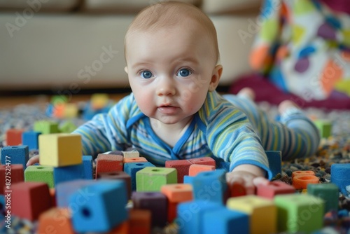 Brighteyed infant engaging in playtime with a vibrant set of educational foam blocks