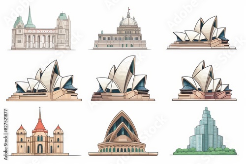Modern landmarks vector illustrations  eiffel tower in paris and sydney opera house in australia