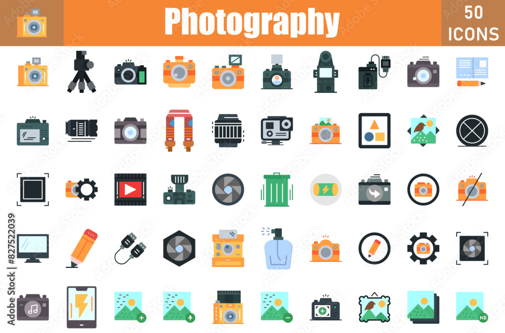 Set of 50 Photography flat icons set. Workshop outline icons with editable stroke collection. Include Compact Camera, Dslr Camera, Top View, Instant Camera, Film Camera, Led Light Set of 50 Photography flat icons set. Workshop outline icons with editable stroke collection. Include Compact Camera, Dslr Camera, Top View, Instant Camera, Film Camera, Led Light