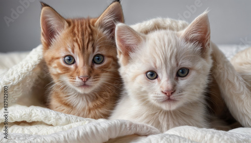 Two cute kittens under a white blanket posing and looking at the camera, close-up