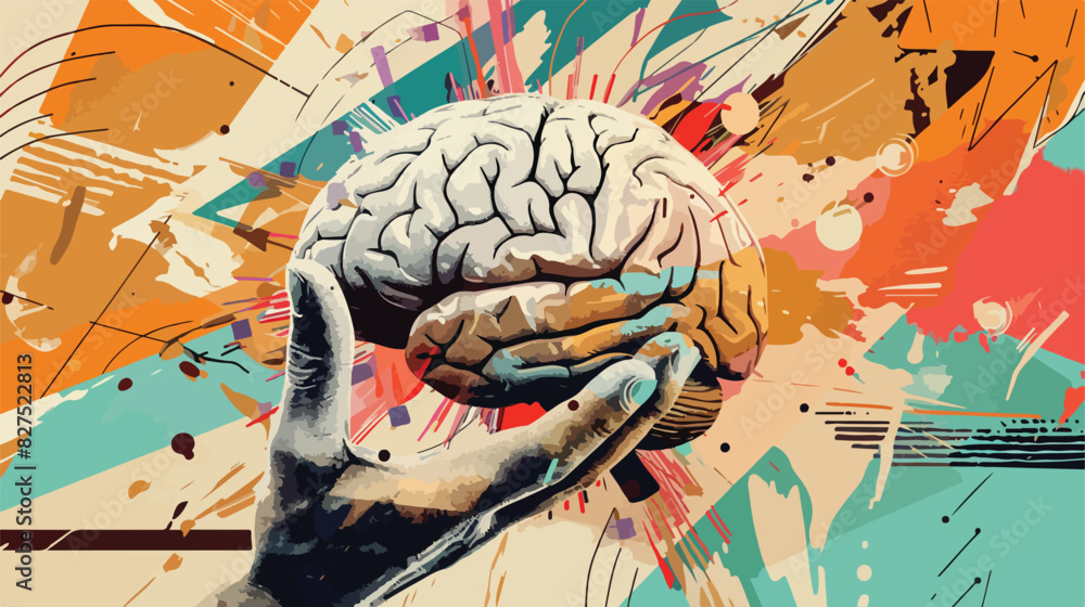 Human brain and hand in a modern collage style. vector