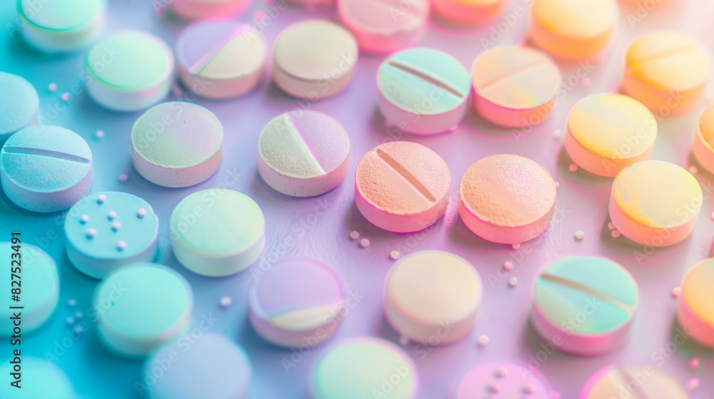 A colorful array of pills are scattered across a blue surface A colorful array of pills are scattered across a blue surface