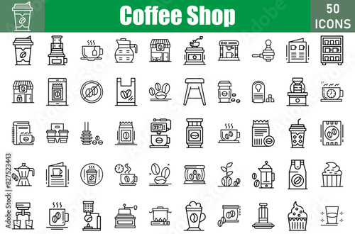 Set of 50 Coffee Shop line icons set. Workshop outline icons with editable stroke collection. Include coffee, caffeine, coffee bag, beans, latte, coffee