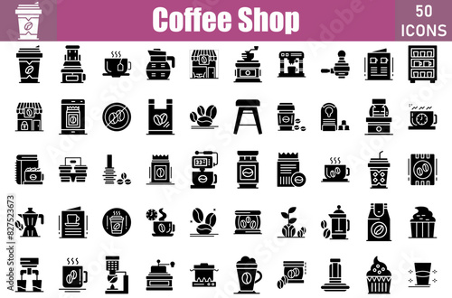 Set of 50 Coffee Shop glyph icons set. Workshop outline icons with editable stroke collection. Include coffee, caffeine, coffee bag, beans, latte, coffee