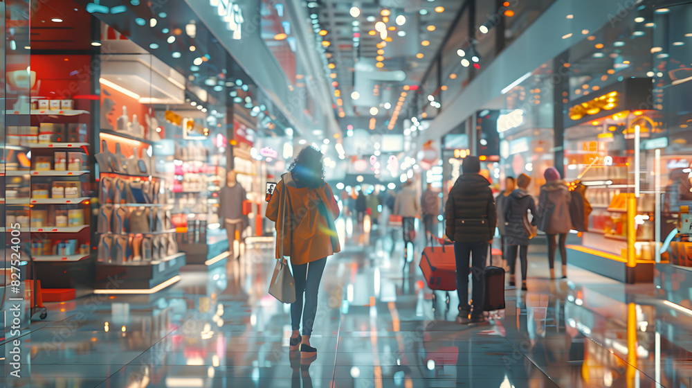 Photo realistic shoppers browsing quarterly sale racks with glossy backdrop showcasing discounted clothing and accessories